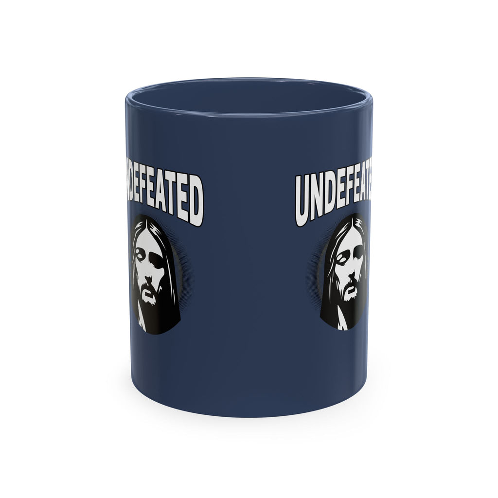 Undefeated Ceramic Mug — Black Motivational Coffee Cup with Vintage Portrait