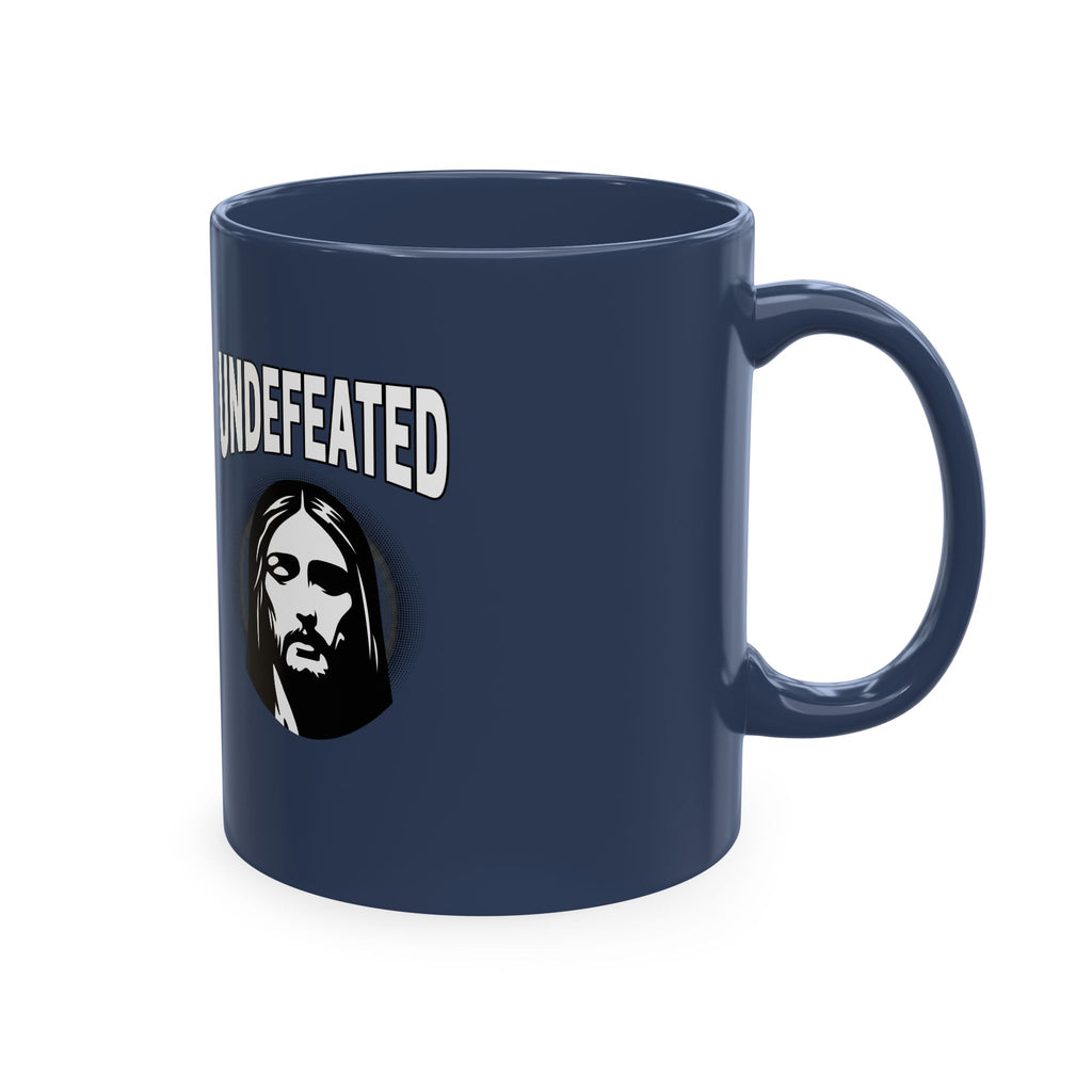 Undefeated Ceramic Mug — Black Motivational Coffee Cup with Vintage Portrait