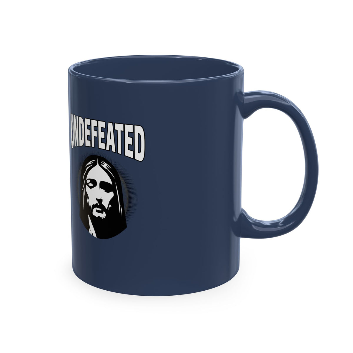 Undefeated Ceramic Mug — Black Motivational Coffee Cup with Vintage Portrait
