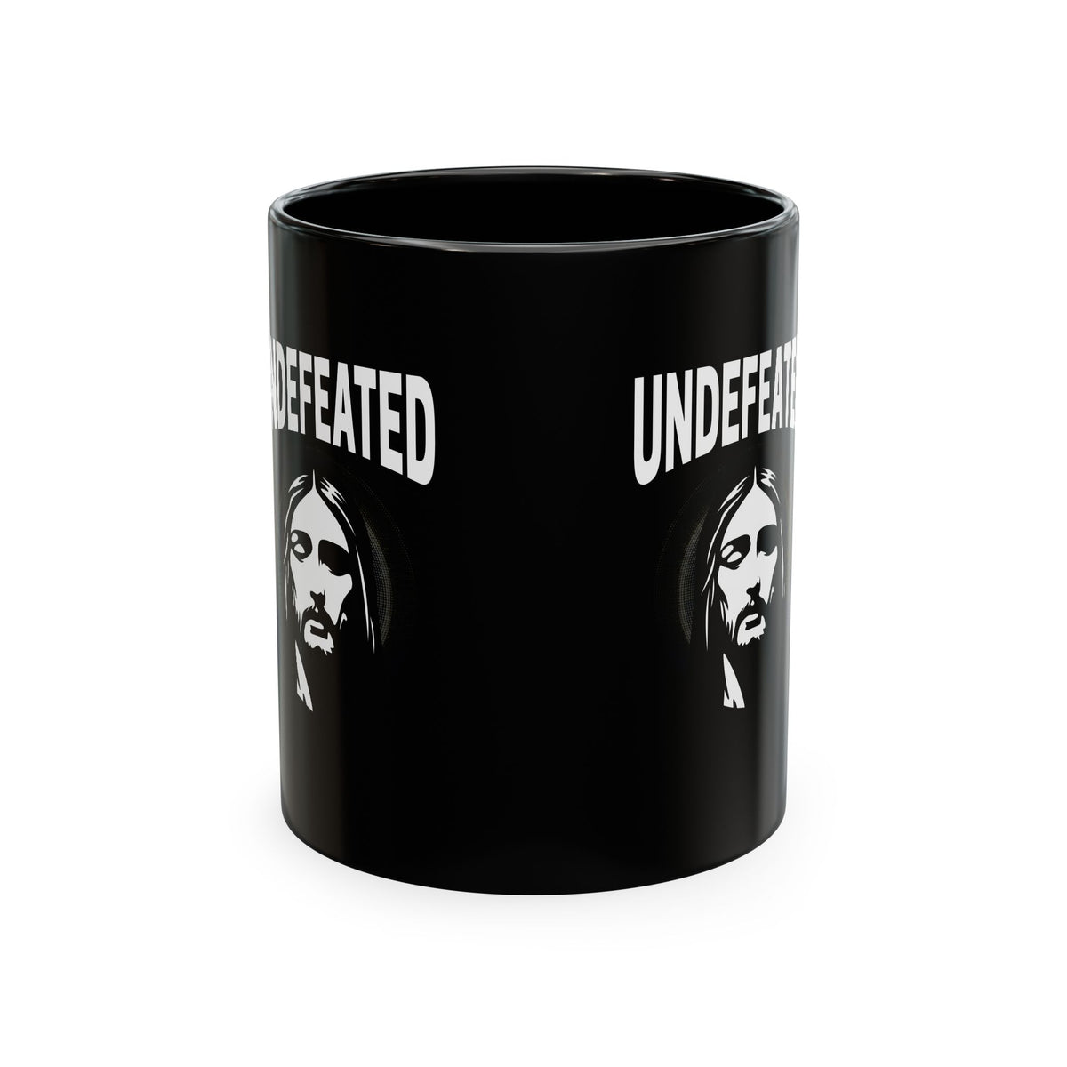 Undefeated Ceramic Mug — Black Motivational Coffee Cup with Vintage Portrait