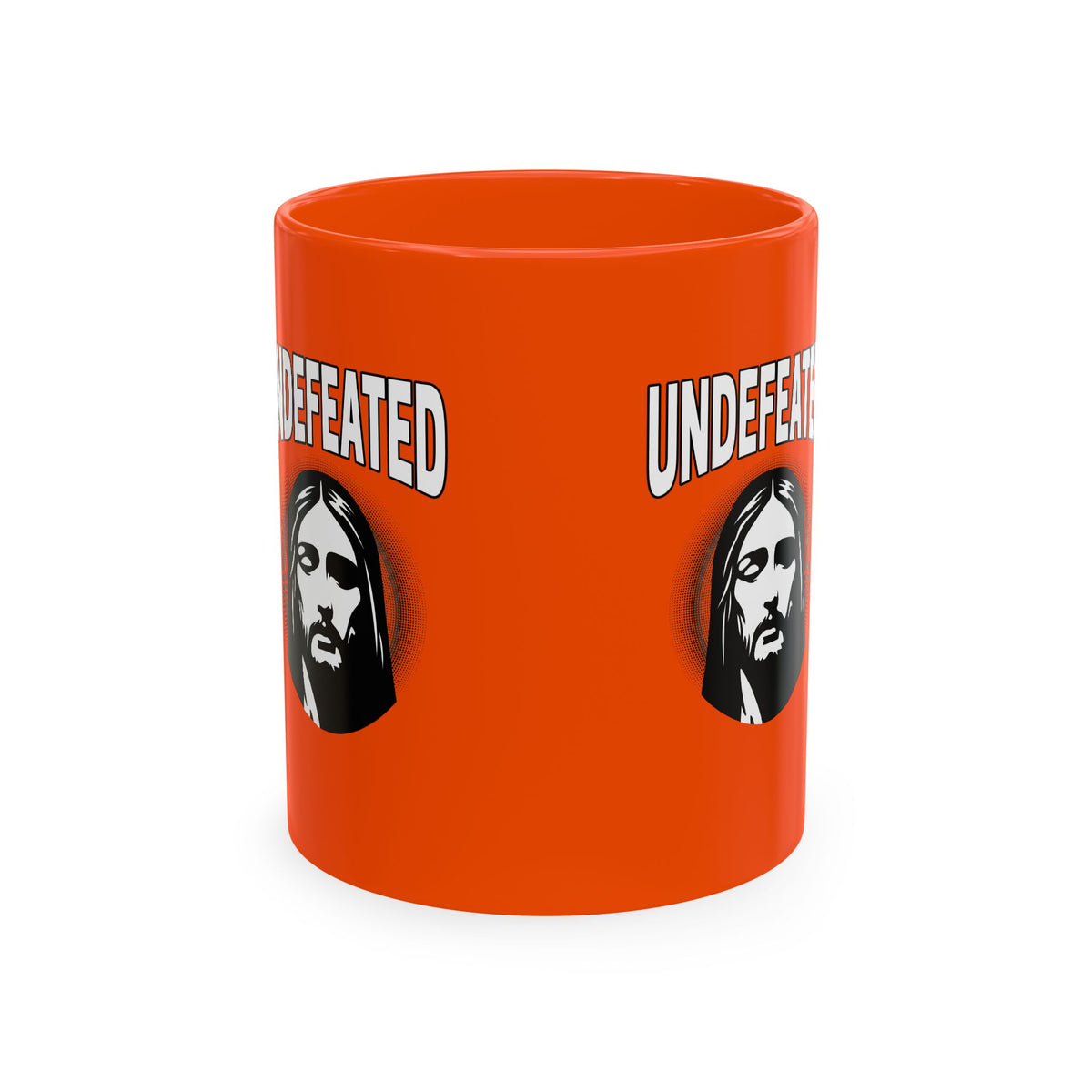 Undefeated Ceramic Mug — Black Motivational Coffee Cup with Vintage Portrait