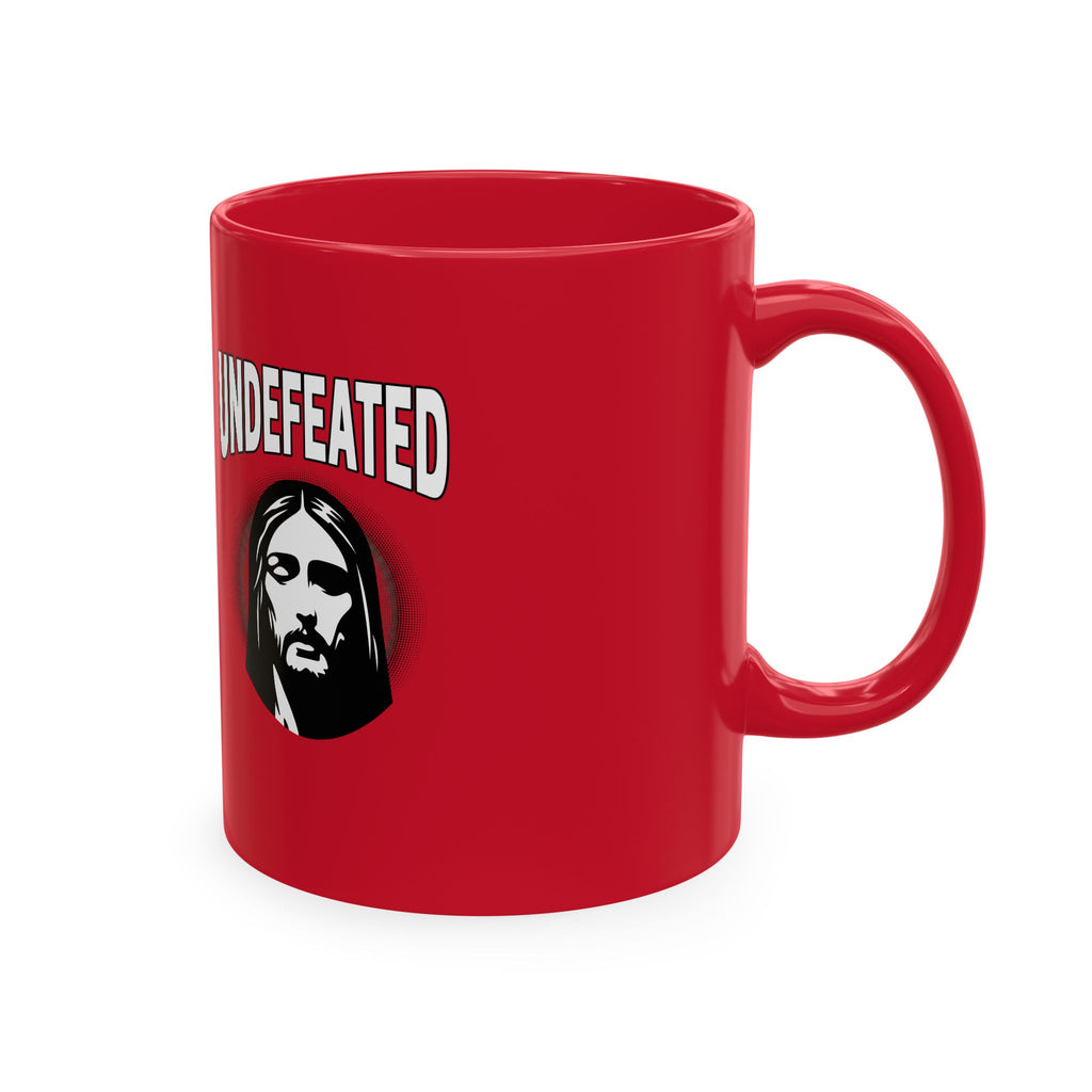 Undefeated Ceramic Mug — Black Motivational Coffee Cup with Vintage Portrait