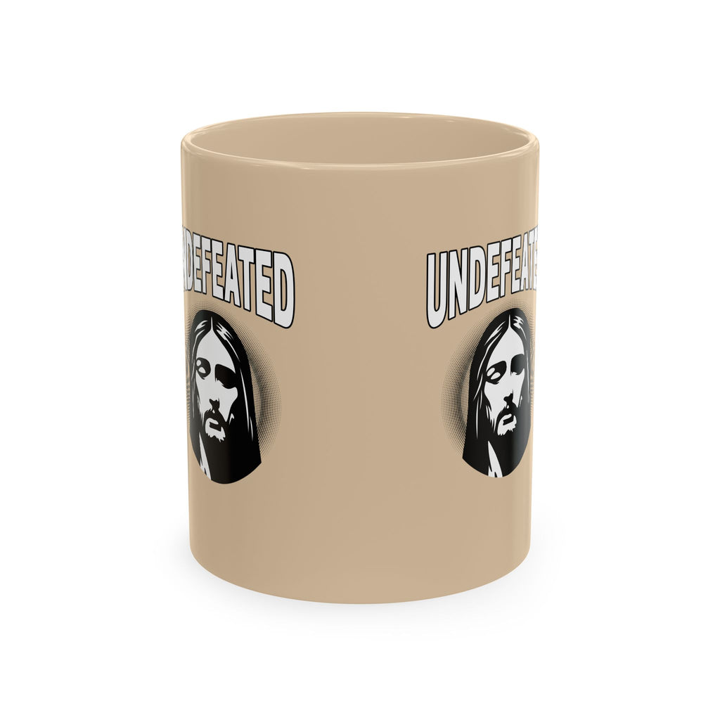 Undefeated Ceramic Mug — Black Motivational Coffee Cup with Vintage Portrait