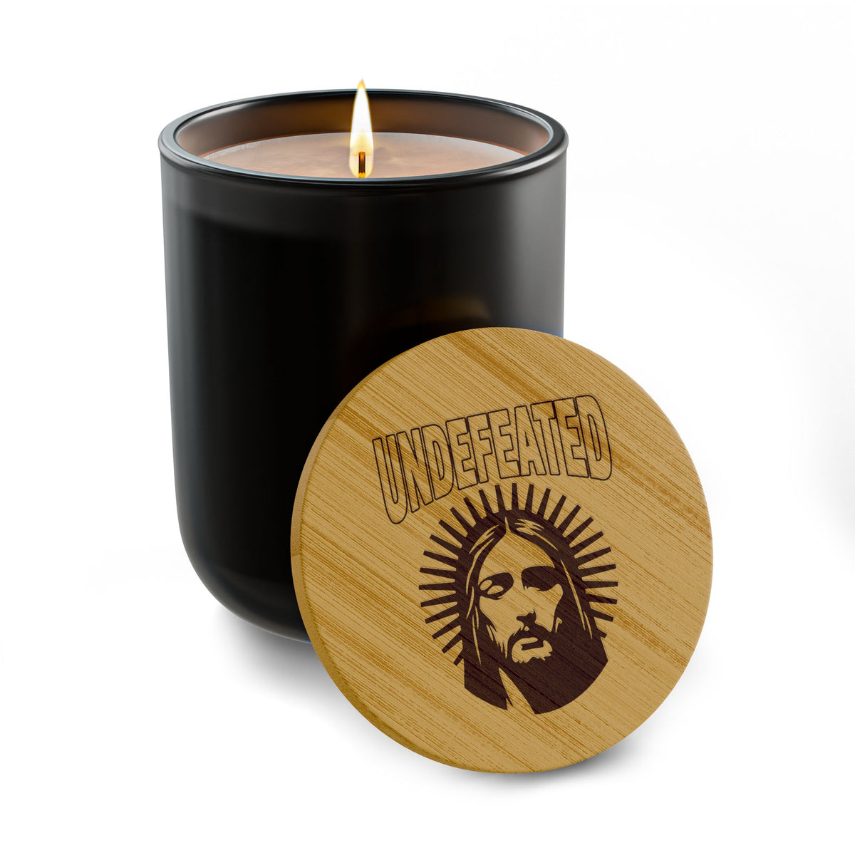 Engraved Soy Candle 14oz — Jesus Undefeated Light, Bamboo Lid Scented Candle