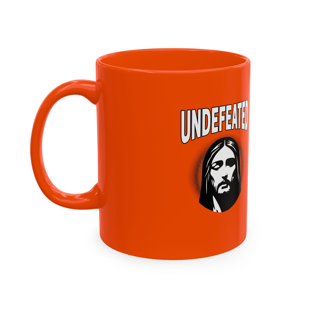Undefeated Ceramic Mug — Black Motivational Coffee Cup with Vintage Portrait