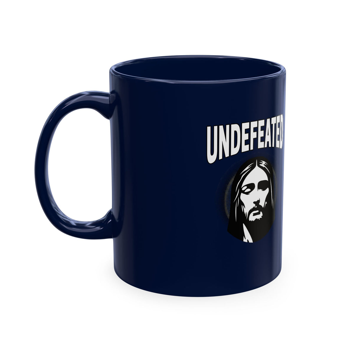 Undefeated Ceramic Mug — Black Motivational Coffee Cup with Vintage Portrait