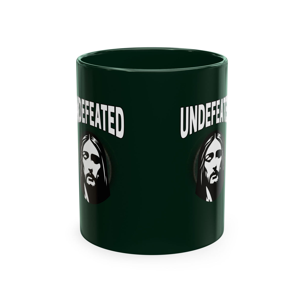 Undefeated Ceramic Mug — Black Motivational Coffee Cup with Vintage Portrait