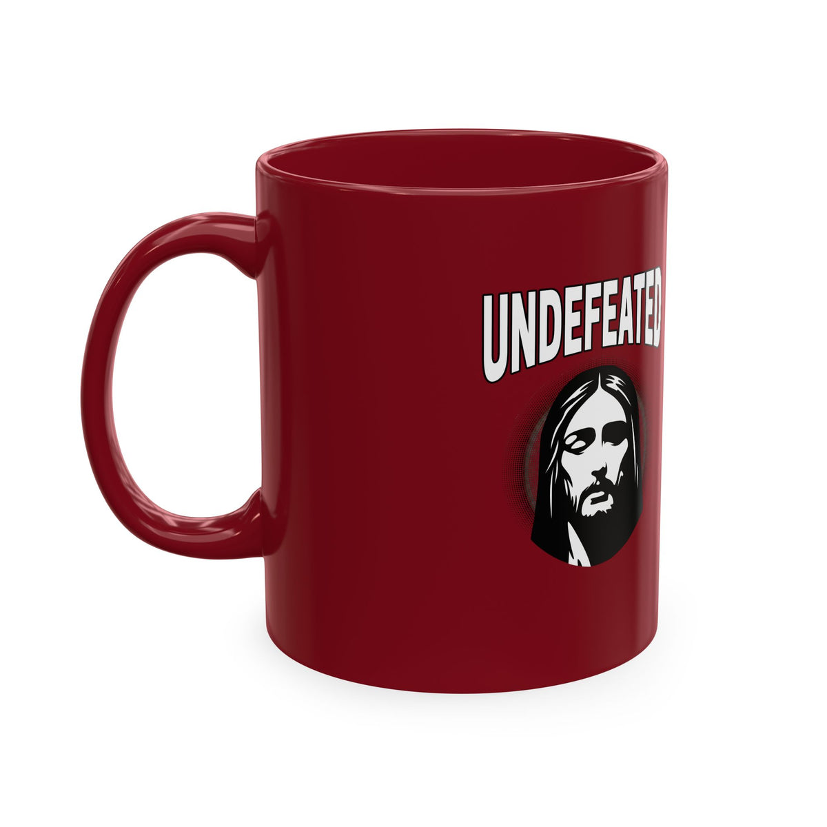 Undefeated Ceramic Mug — Black Motivational Coffee Cup with Vintage Portrait
