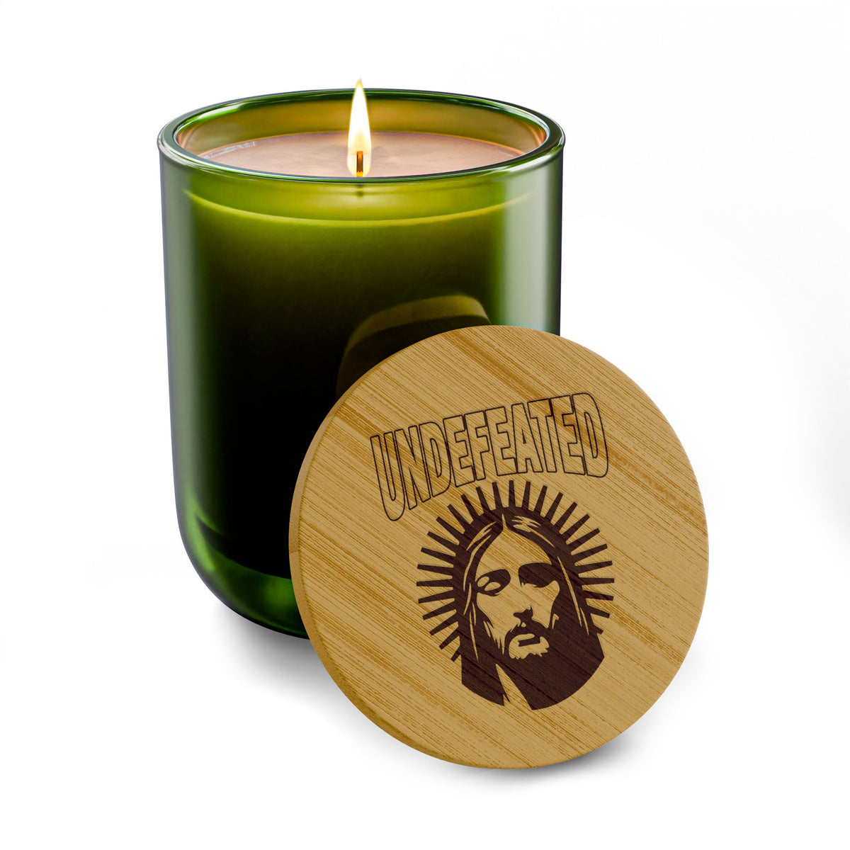 Engraved Soy Candle 14oz — Jesus Undefeated Light, Bamboo Lid Scented Candle