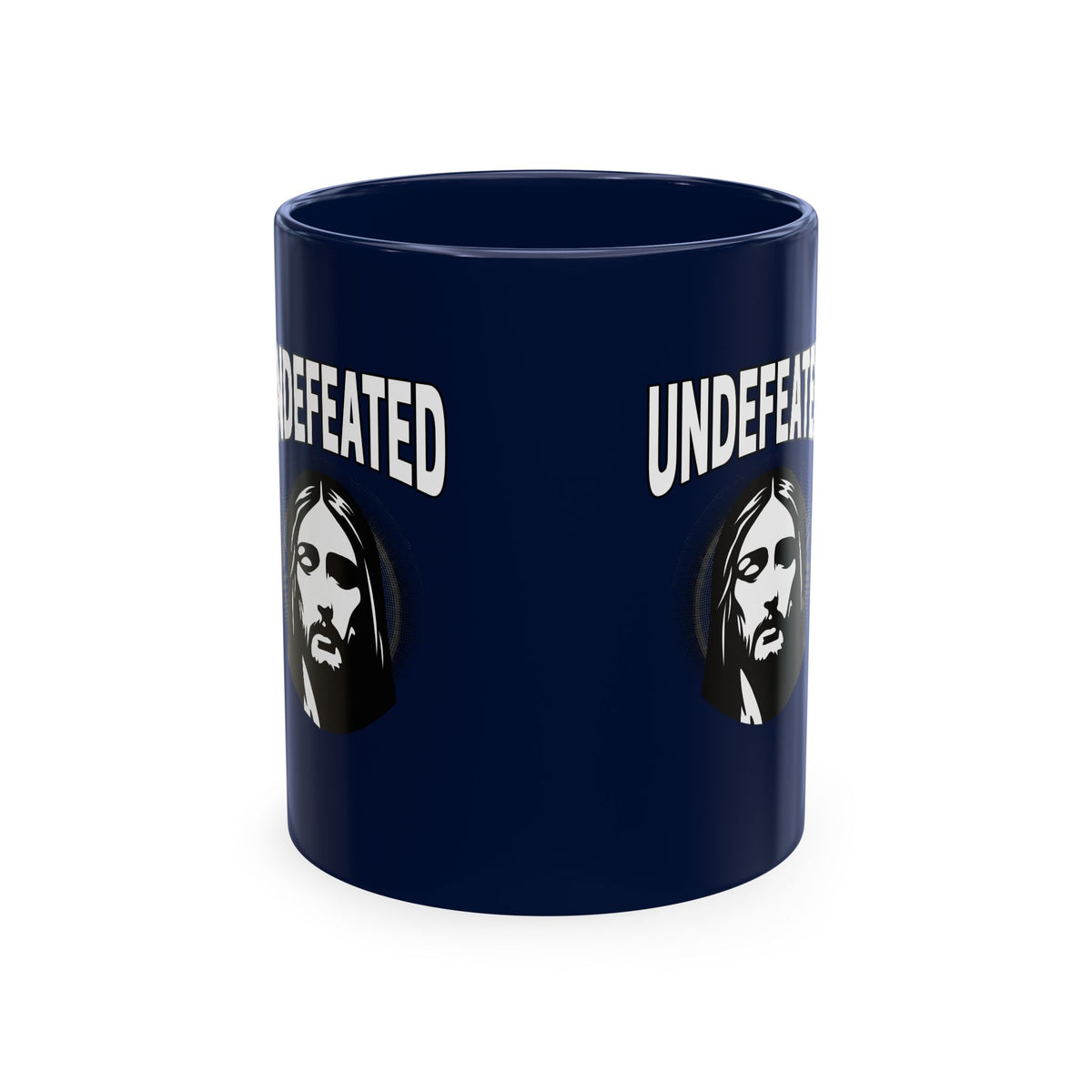 Undefeated Ceramic Mug — Black Motivational Coffee Cup with Vintage Portrait