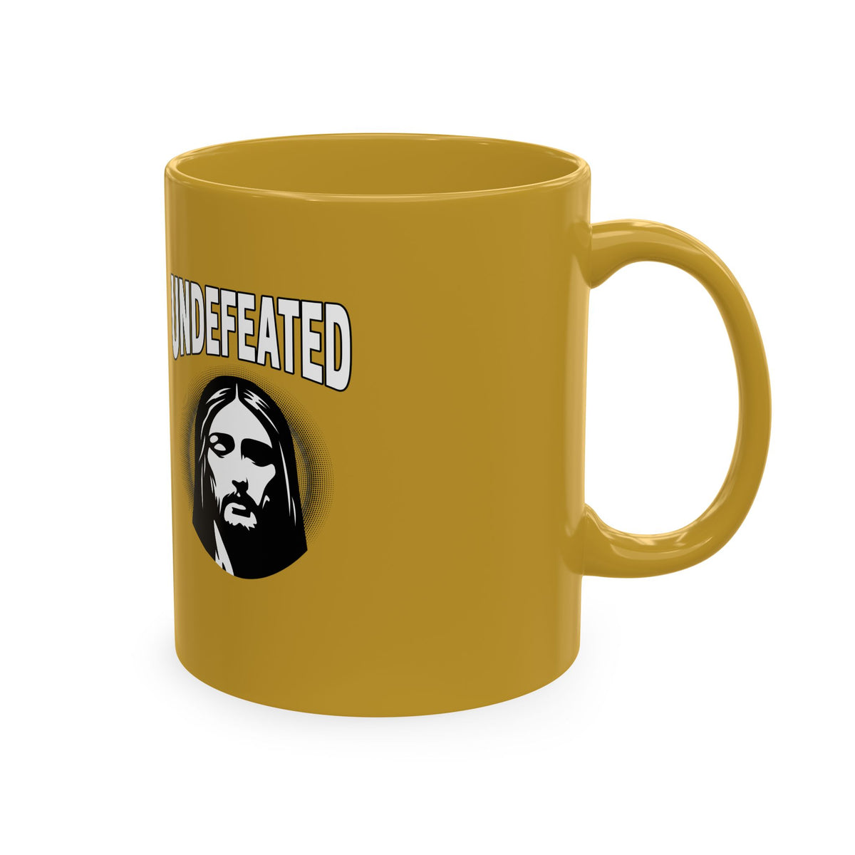 Undefeated Ceramic Mug — Black Motivational Coffee Cup with Vintage Portrait