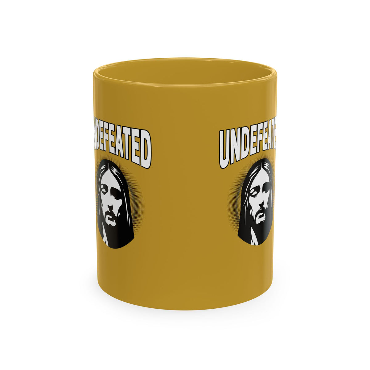 Undefeated Ceramic Mug — Black Motivational Coffee Cup with Vintage Portrait