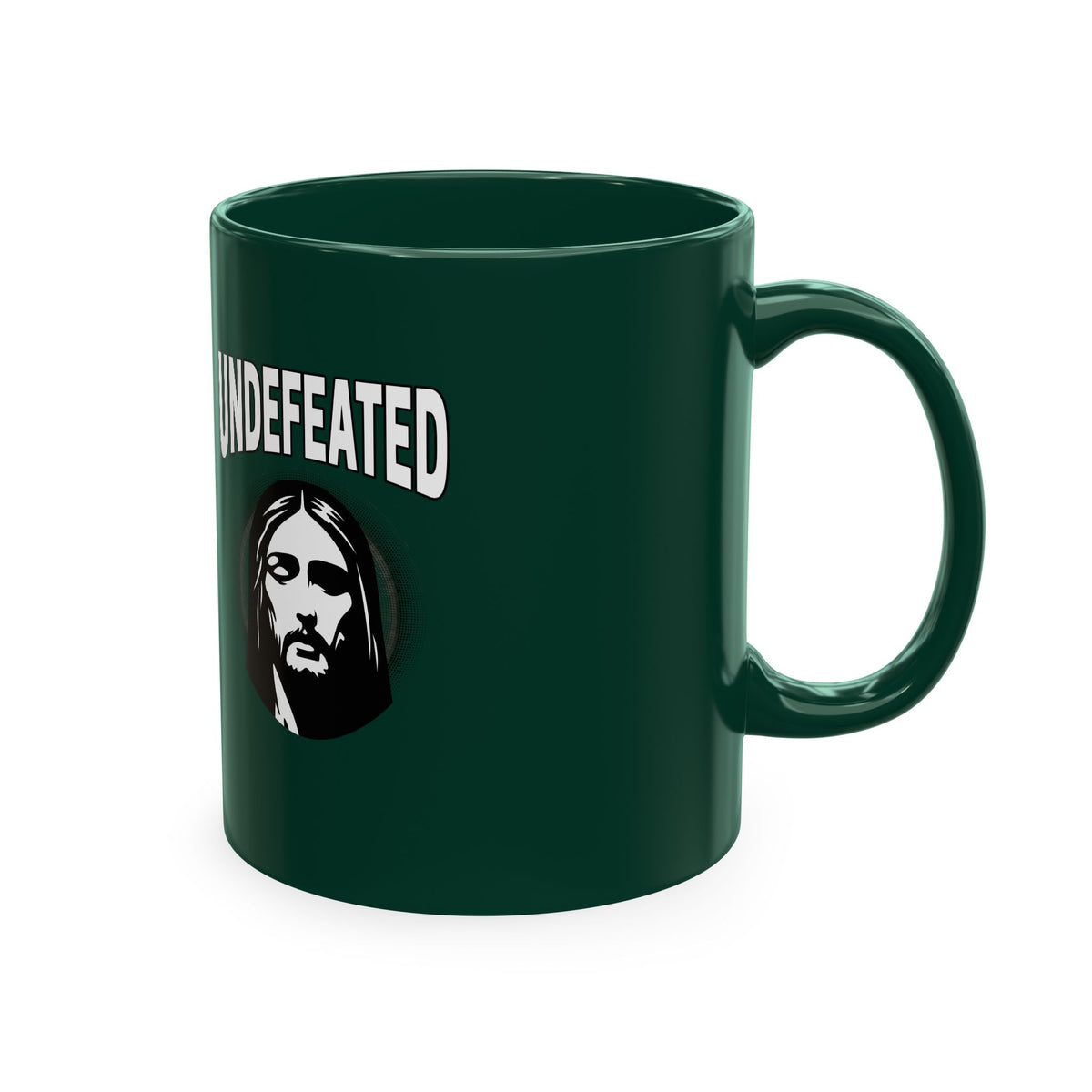 Undefeated Ceramic Mug — Black Motivational Coffee Cup with Vintage Portrait