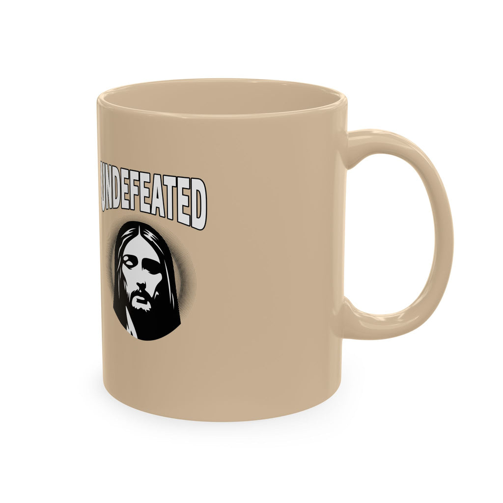 Undefeated Ceramic Mug — Black Motivational Coffee Cup with Vintage Portrait