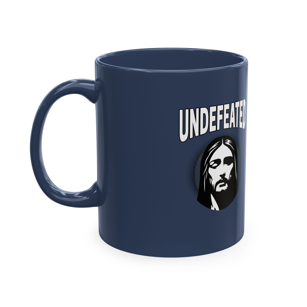 Undefeated Ceramic Mug — Black Motivational Coffee Cup with Vintage Portrait