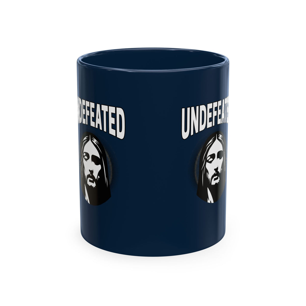 Undefeated Ceramic Mug — Black Motivational Coffee Cup with Vintage Portrait