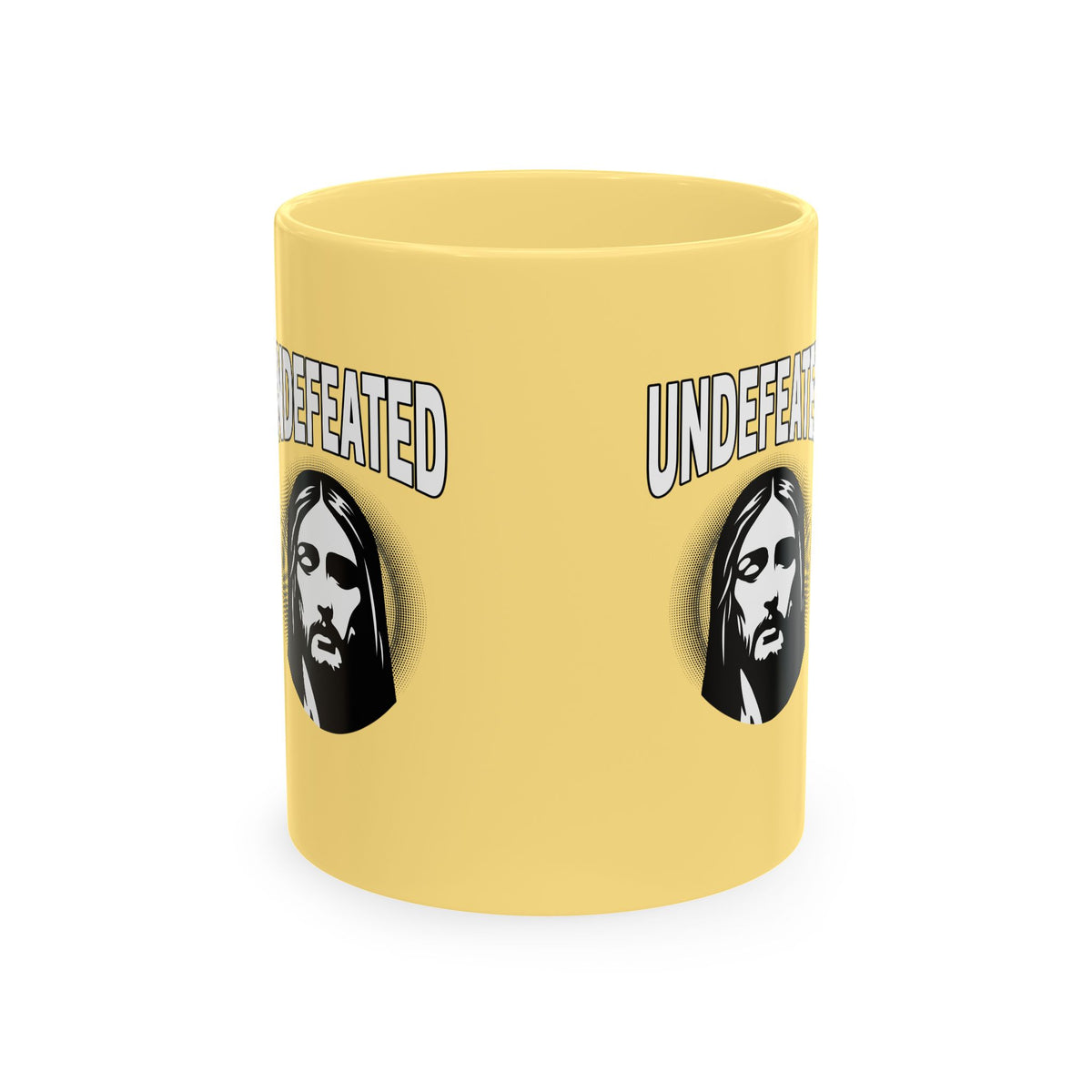 Undefeated Ceramic Mug — Black Motivational Coffee Cup with Vintage Portrait