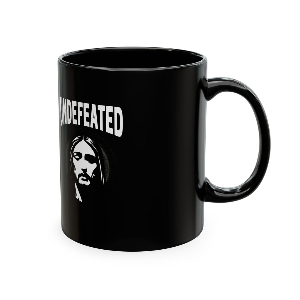 Undefeated Ceramic Mug — Black Motivational Coffee Cup with Vintage Portrait