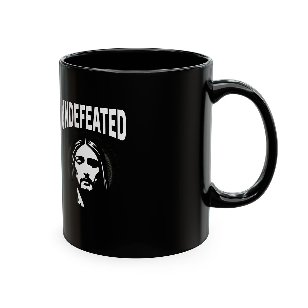 Undefeated Ceramic Mug — Black Motivational Coffee Cup with Vintage Portrait