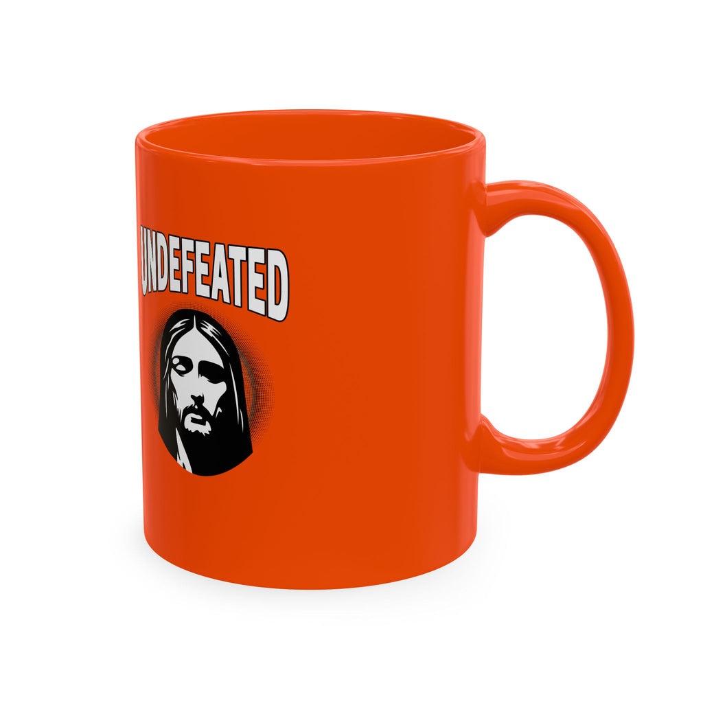 Undefeated Ceramic Mug — Black Motivational Coffee Cup with Vintage Portrait