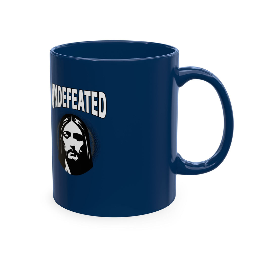 Undefeated Ceramic Mug — Black Motivational Coffee Cup with Vintage Portrait