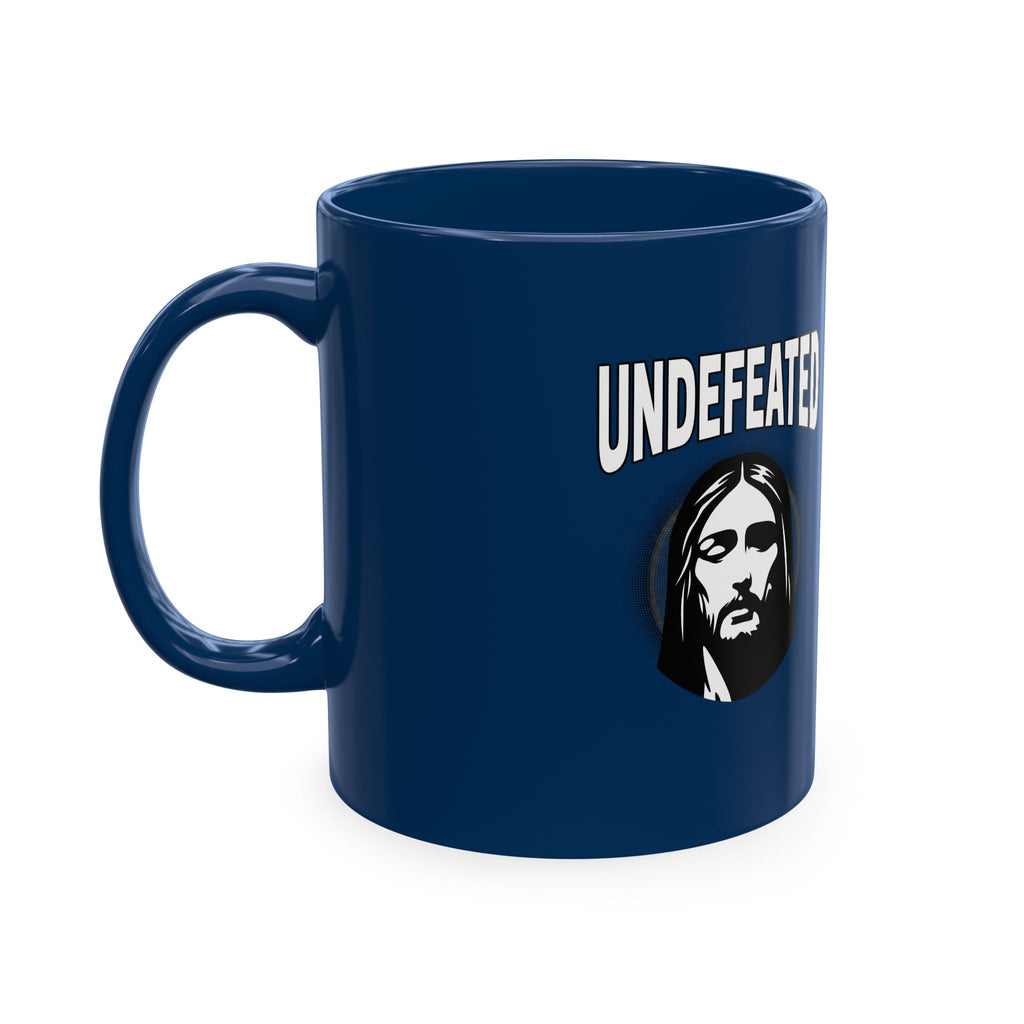 Undefeated Ceramic Mug — Black Motivational Coffee Cup with Vintage Portrait