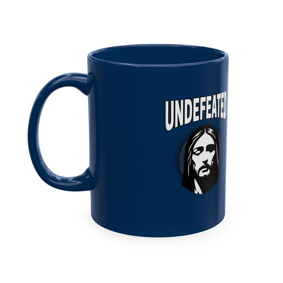 Undefeated Ceramic Mug — Black Motivational Coffee Cup with Vintage Portrait