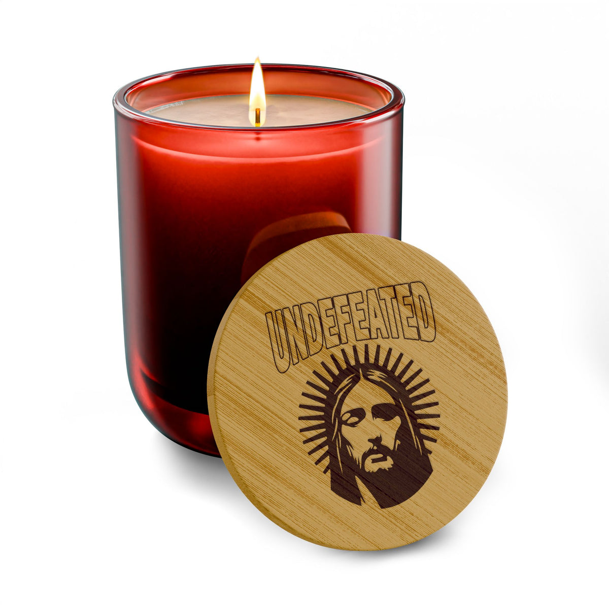 Engraved Soy Candle 14oz — Jesus Undefeated Light, Bamboo Lid Scented Candle