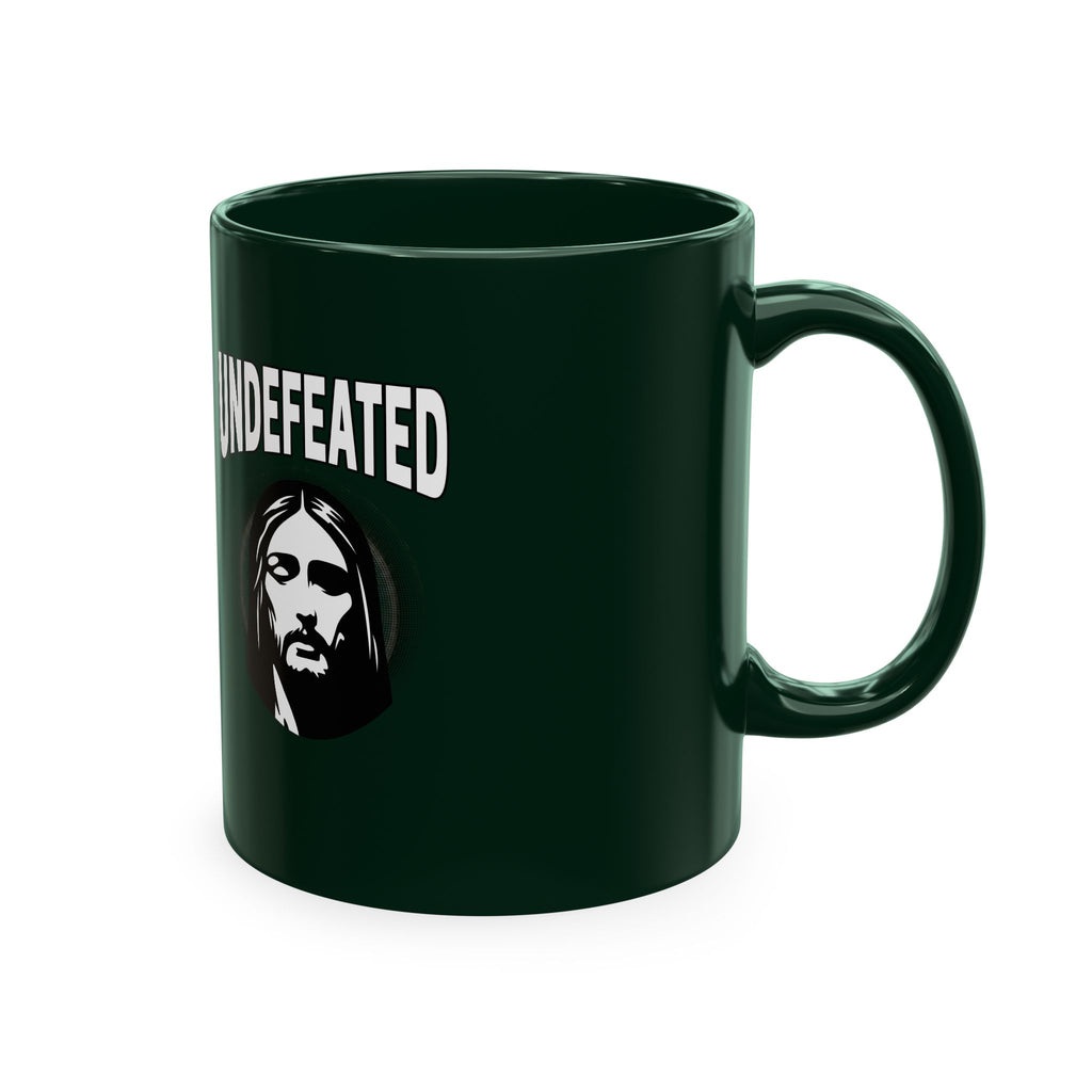 Undefeated Ceramic Mug — Black Motivational Coffee Cup with Vintage Portrait
