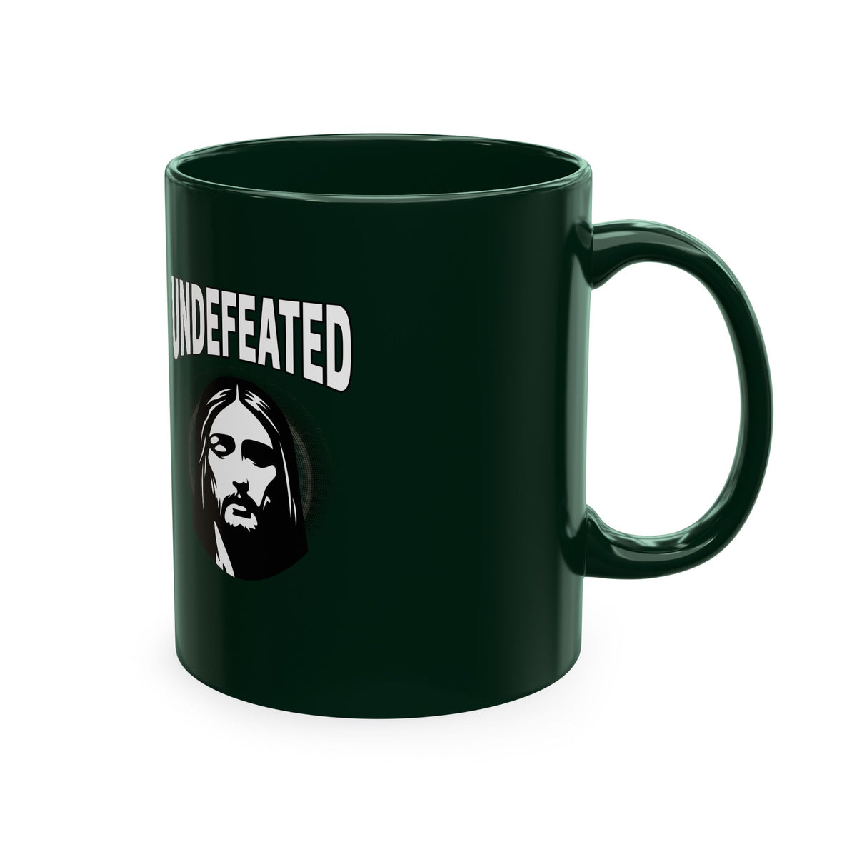 Undefeated Ceramic Mug — Black Motivational Coffee Cup with Vintage Portrait