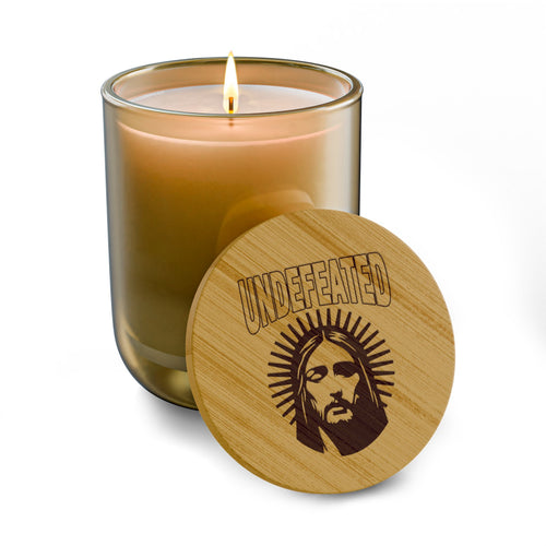 Engraved Soy Candle 14oz — Jesus Undefeated Light, Bamboo Lid Scented Candle