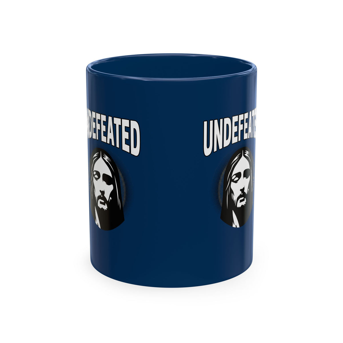 Undefeated Ceramic Mug — Black Motivational Coffee Cup with Vintage Portrait
