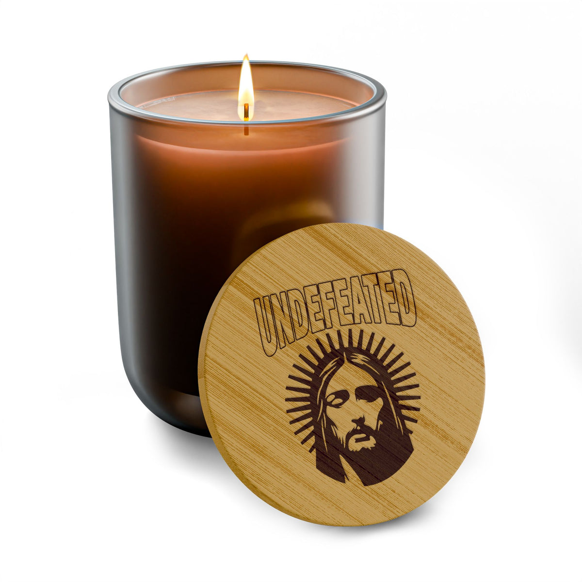 Engraved Soy Candle 14oz — Jesus Undefeated Light, Bamboo Lid Scented Candle