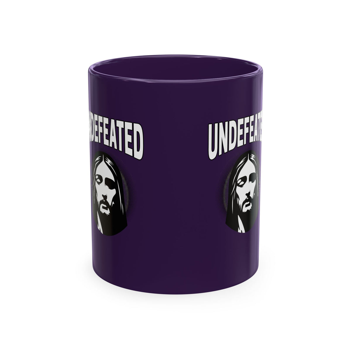 Undefeated Ceramic Mug — Black Motivational Coffee Cup with Vintage Portrait