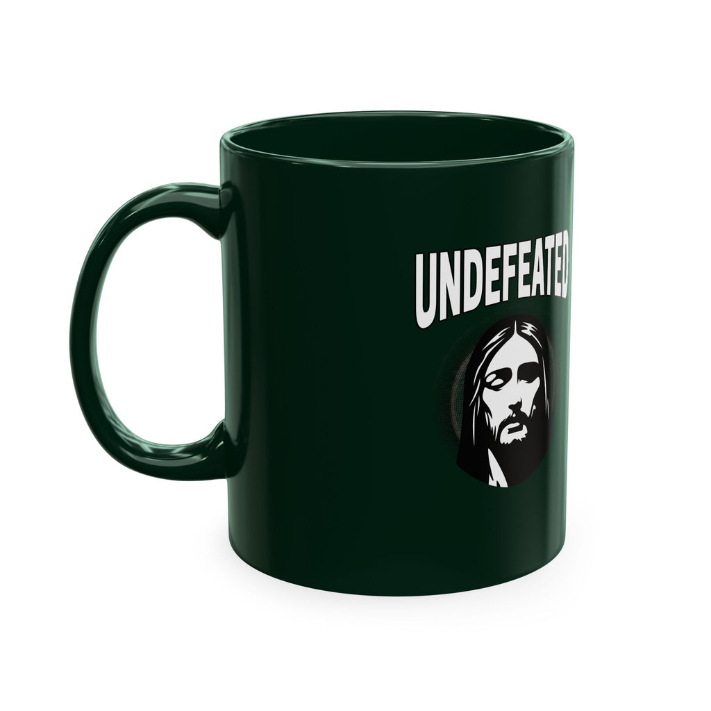 Undefeated Ceramic Mug — Black Motivational Coffee Cup with Vintage Portrait