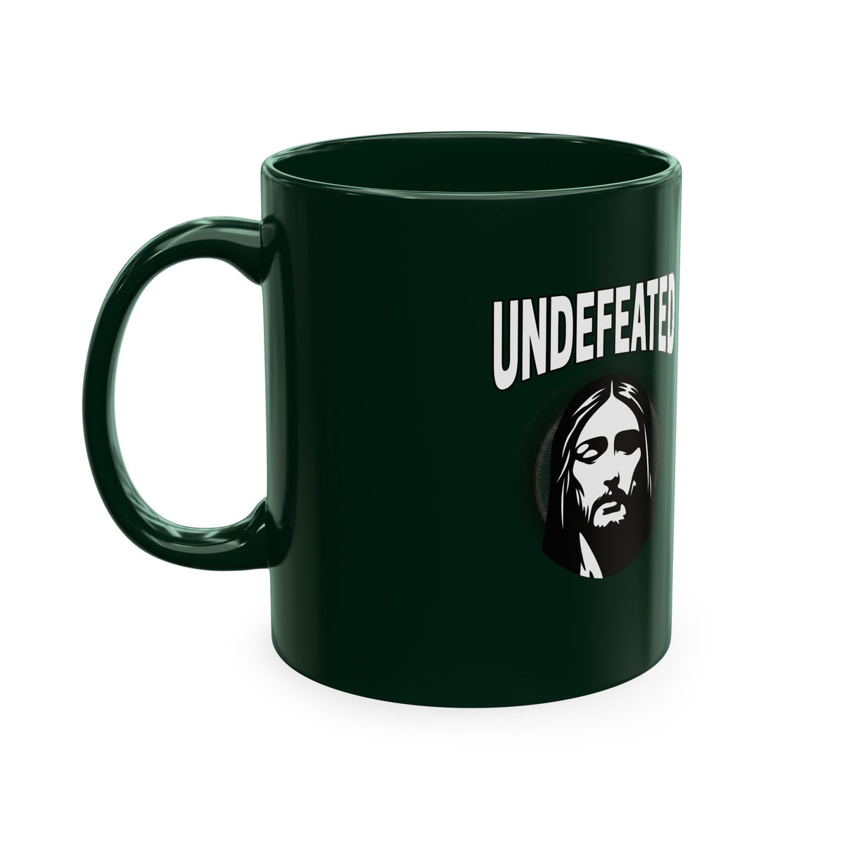 Undefeated Ceramic Mug — Black Motivational Coffee Cup with Vintage Portrait