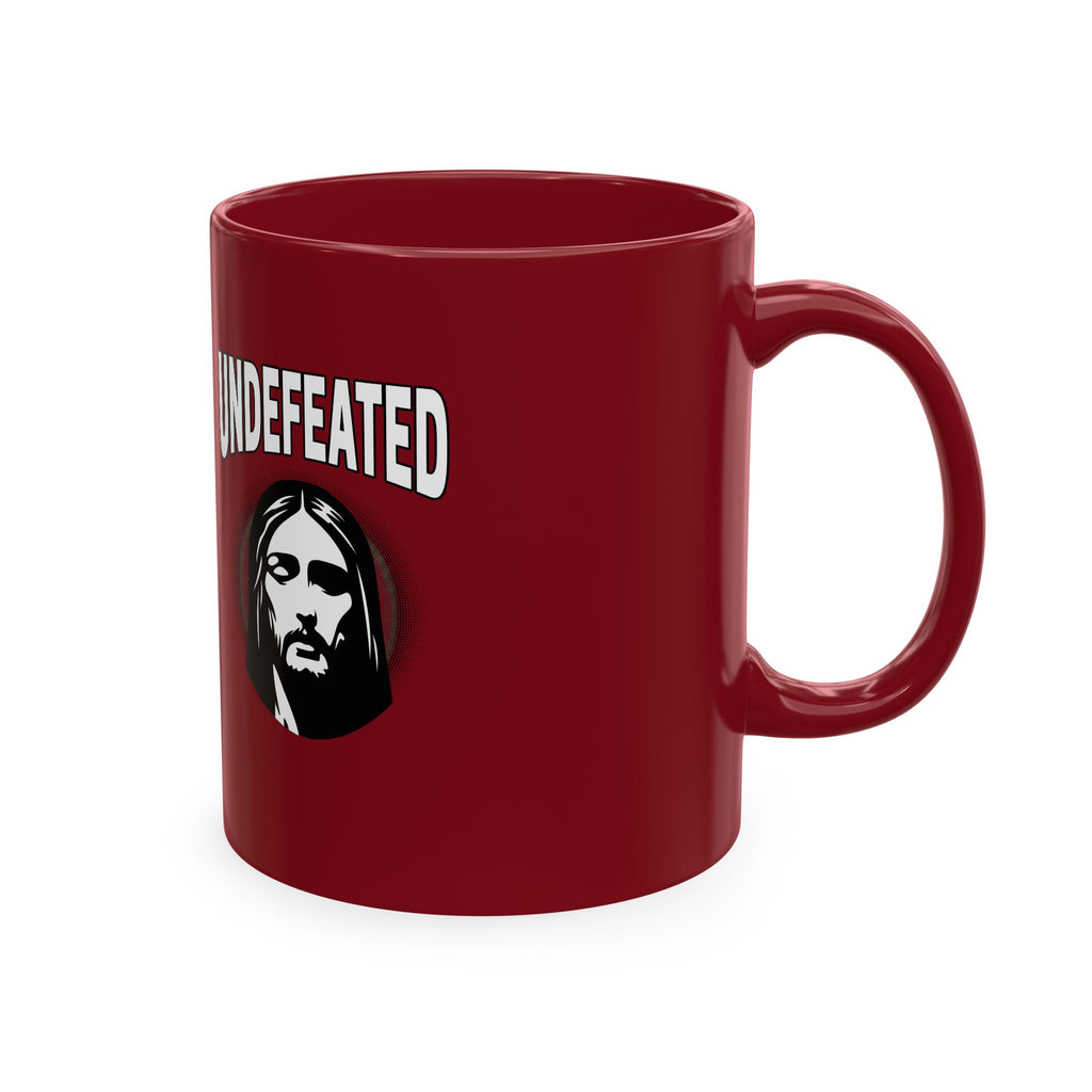 Undefeated Ceramic Mug — Black Motivational Coffee Cup with Vintage Portrait