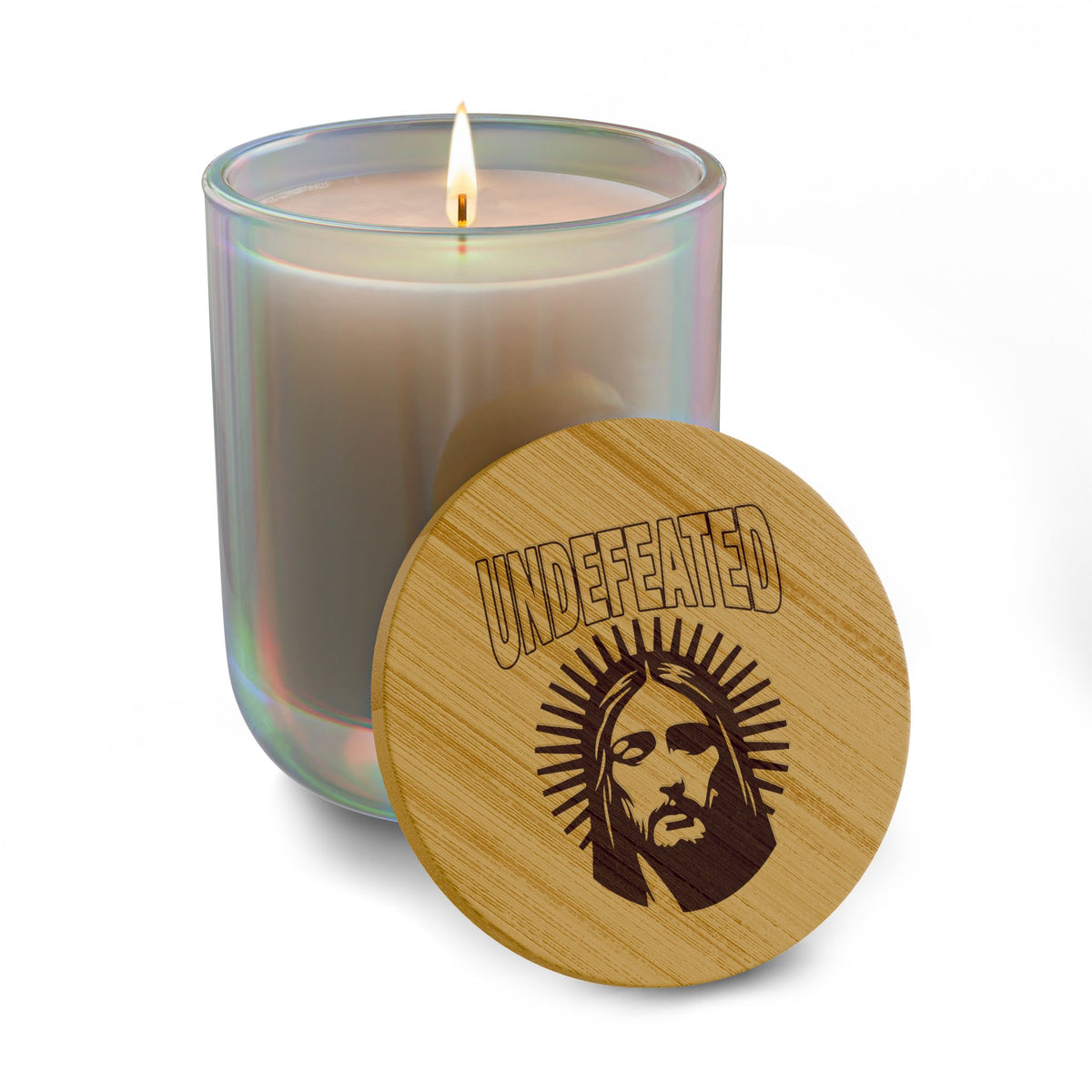 Engraved Soy Candle 14oz — Jesus Undefeated Light, Bamboo Lid Scented Candle