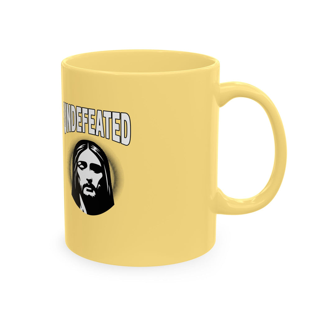 Undefeated Ceramic Mug — Black Motivational Coffee Cup with Vintage Portrait