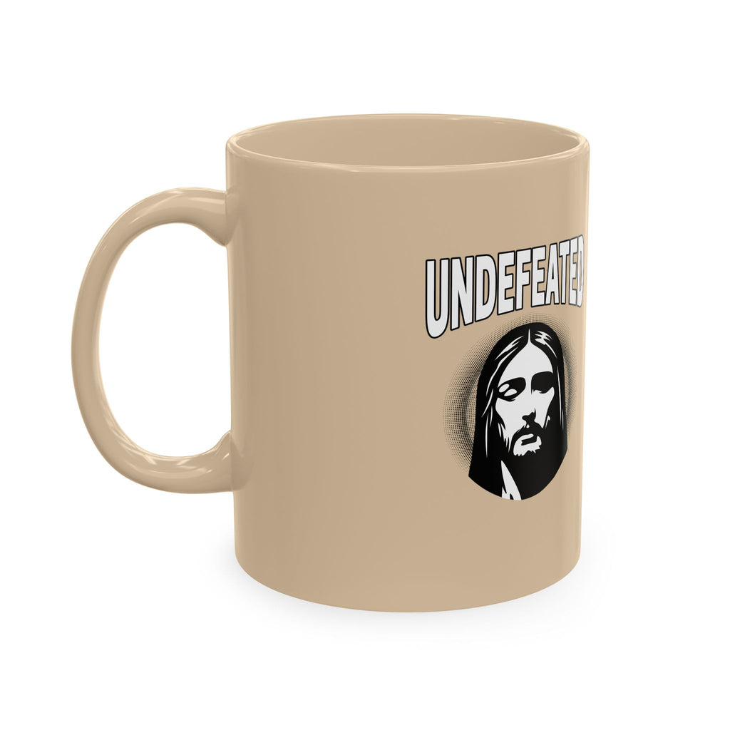 Undefeated Ceramic Mug — Black Motivational Coffee Cup with Vintage Portrait