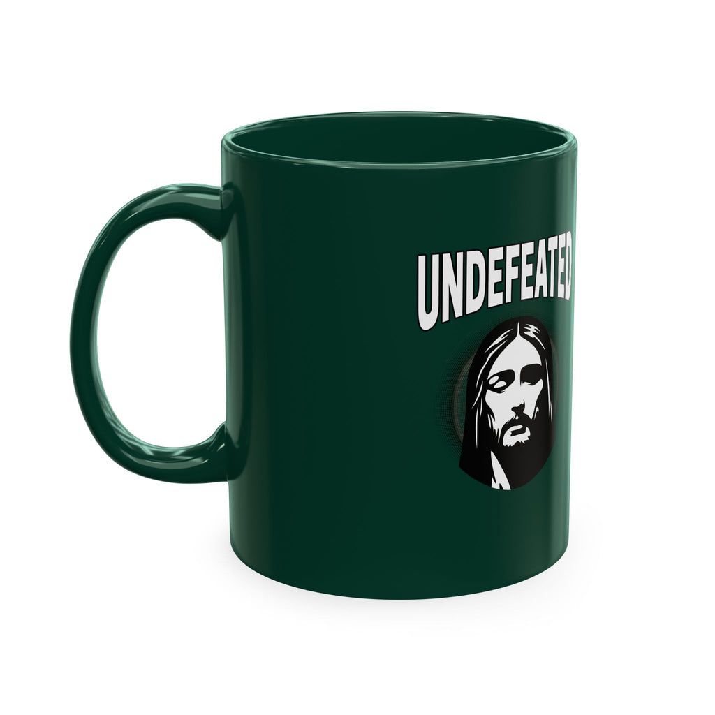 Undefeated Ceramic Mug — Black Motivational Coffee Cup with Vintage Portrait