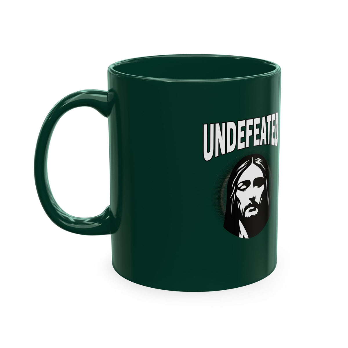 Undefeated Ceramic Mug — Black Motivational Coffee Cup with Vintage Portrait