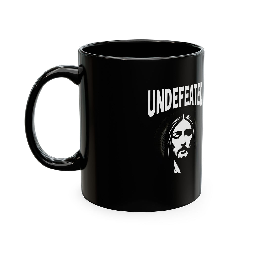 Undefeated Ceramic Mug — Black Motivational Coffee Cup with Vintage Portrait