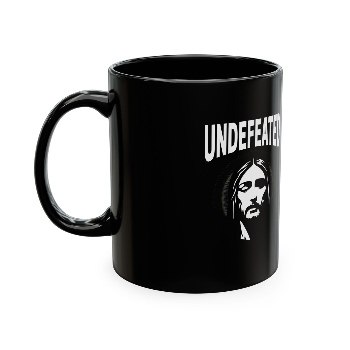 Undefeated Ceramic Mug — Black Motivational Coffee Cup with Vintage Portrait