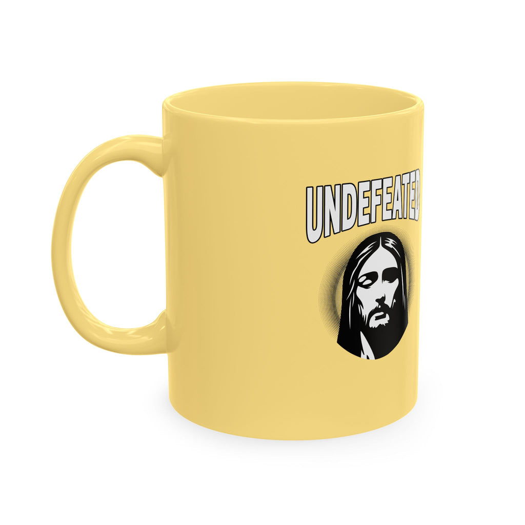 Undefeated Ceramic Mug — Black Motivational Coffee Cup with Vintage Portrait