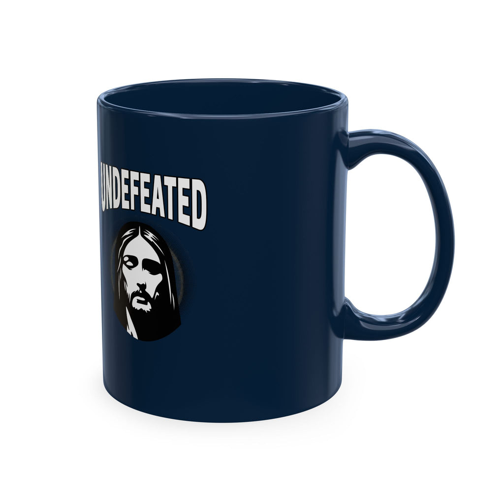 Undefeated Ceramic Mug — Black Motivational Coffee Cup with Vintage Portrait