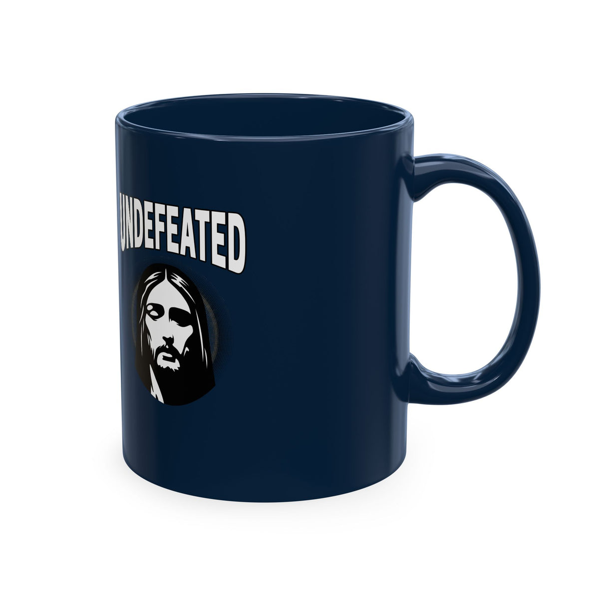 Undefeated Ceramic Mug — Black Motivational Coffee Cup with Vintage Portrait