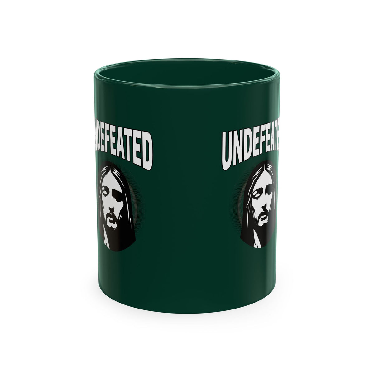 Undefeated Ceramic Mug — Black Motivational Coffee Cup with Vintage Portrait