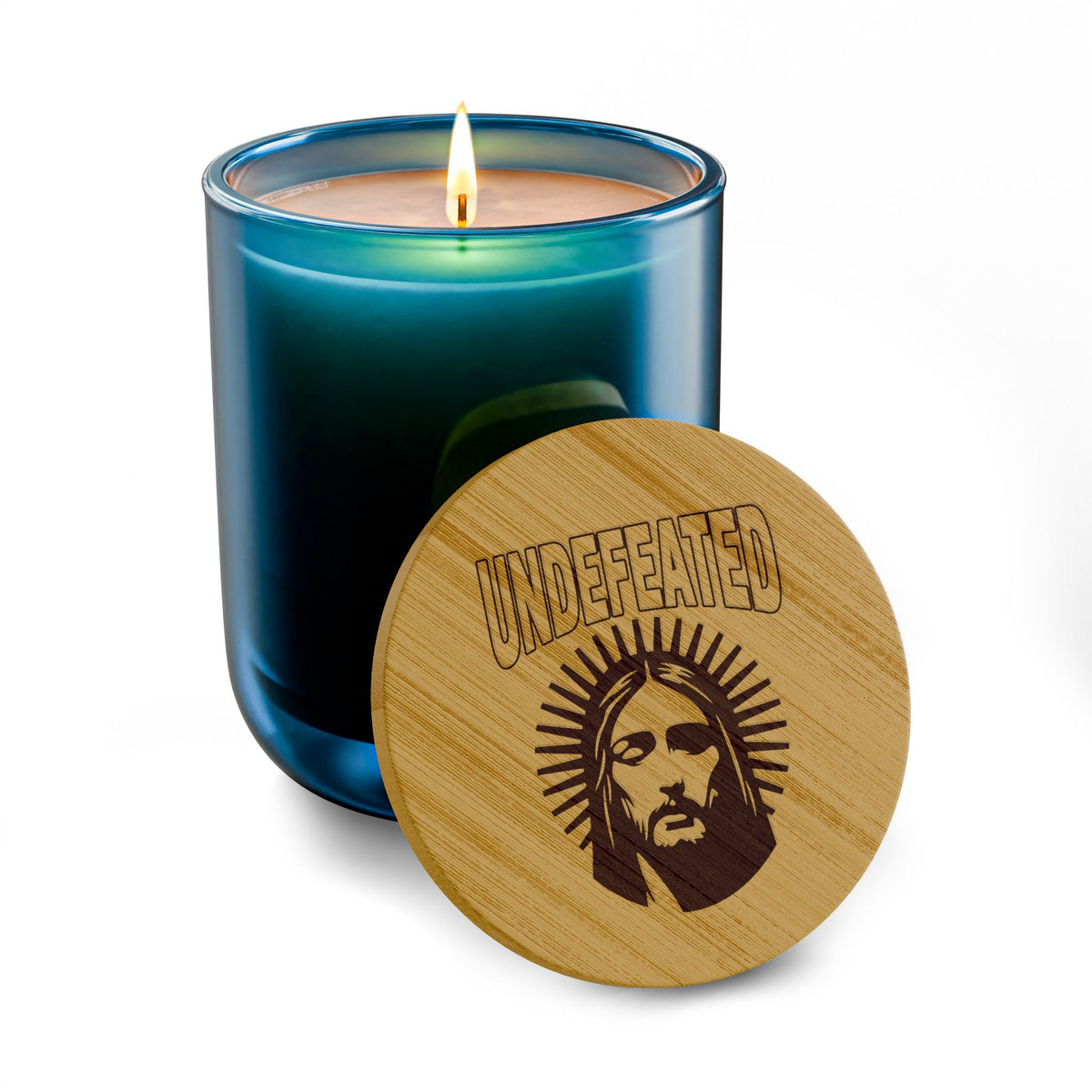 Engraved Soy Candle 14oz — Jesus Undefeated Light, Bamboo Lid Scented Candle