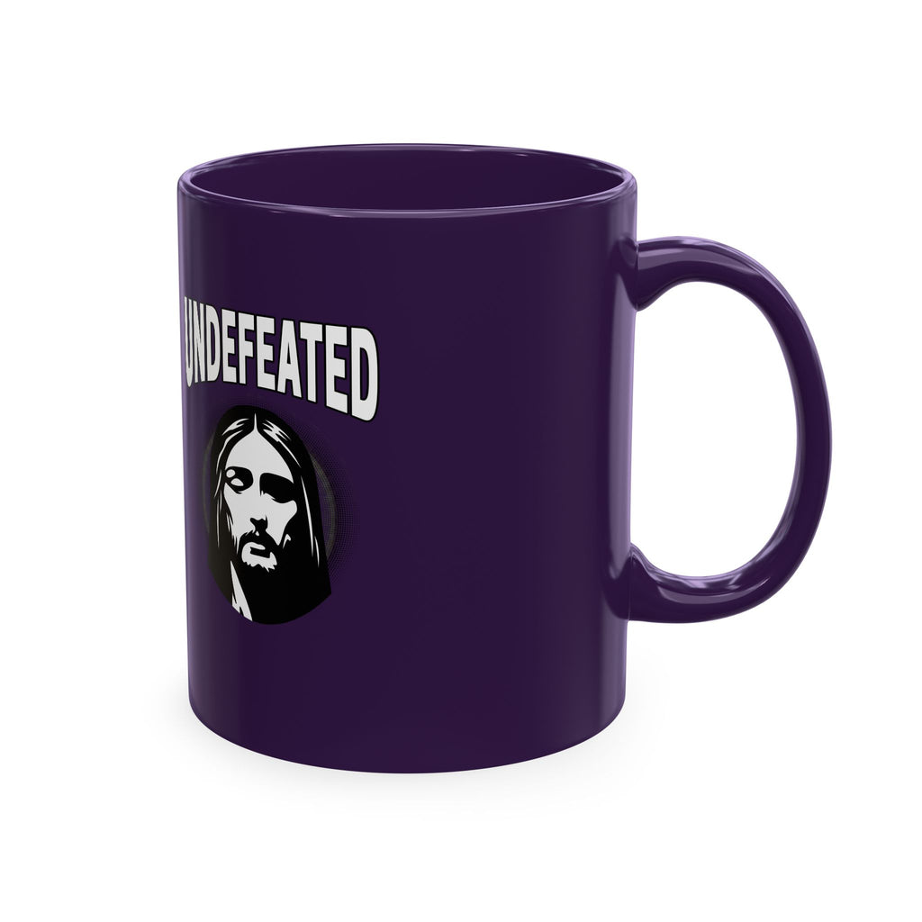 Undefeated Ceramic Mug — Black Motivational Coffee Cup with Vintage Portrait